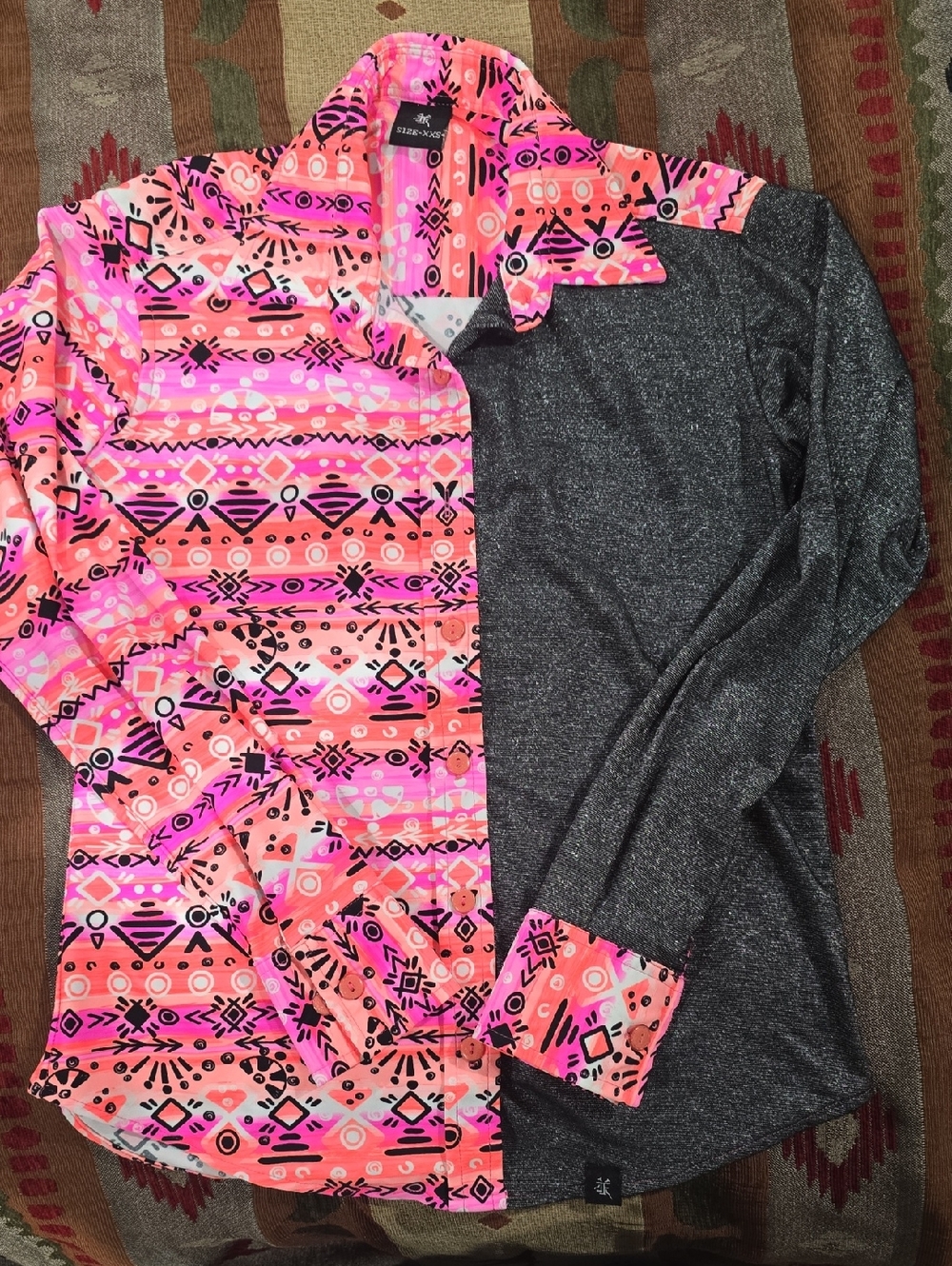 Half-Print Button-Up Shirt - Pink Aztec & Sparkle Black